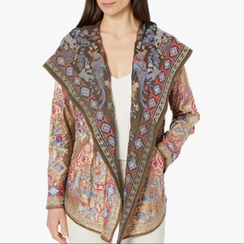 Johnny Was Kunah Embroidered Metallic Hoodie Reversible Jacket